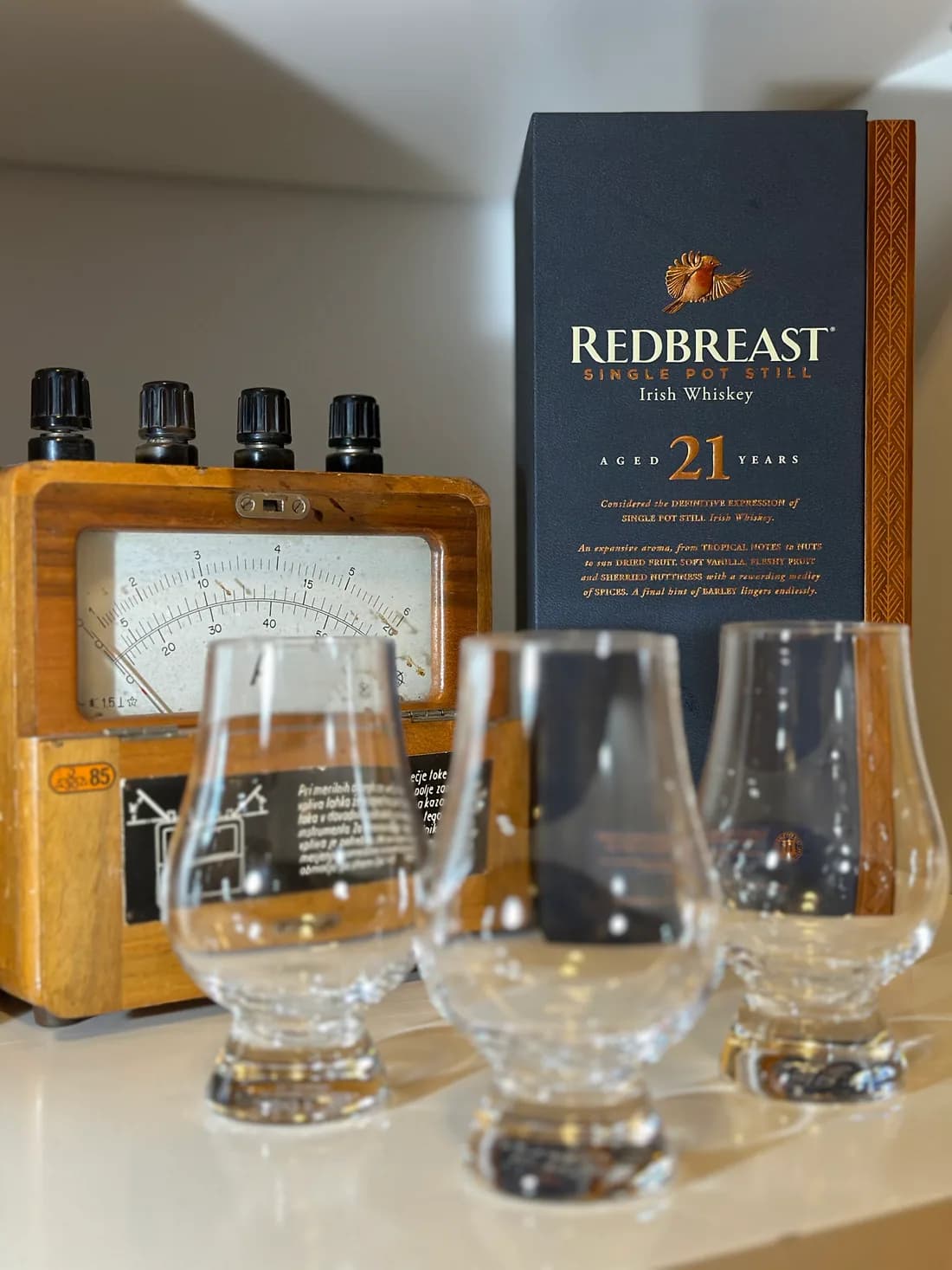 Redbreast 21 and Glencairn glasses set out for a tasting